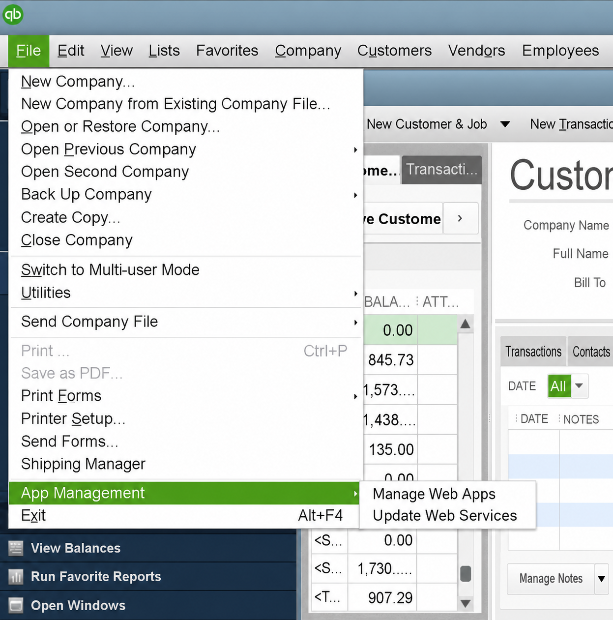 QuickBooks File menu with App Management expanded and Update Web Services in its submenu.
