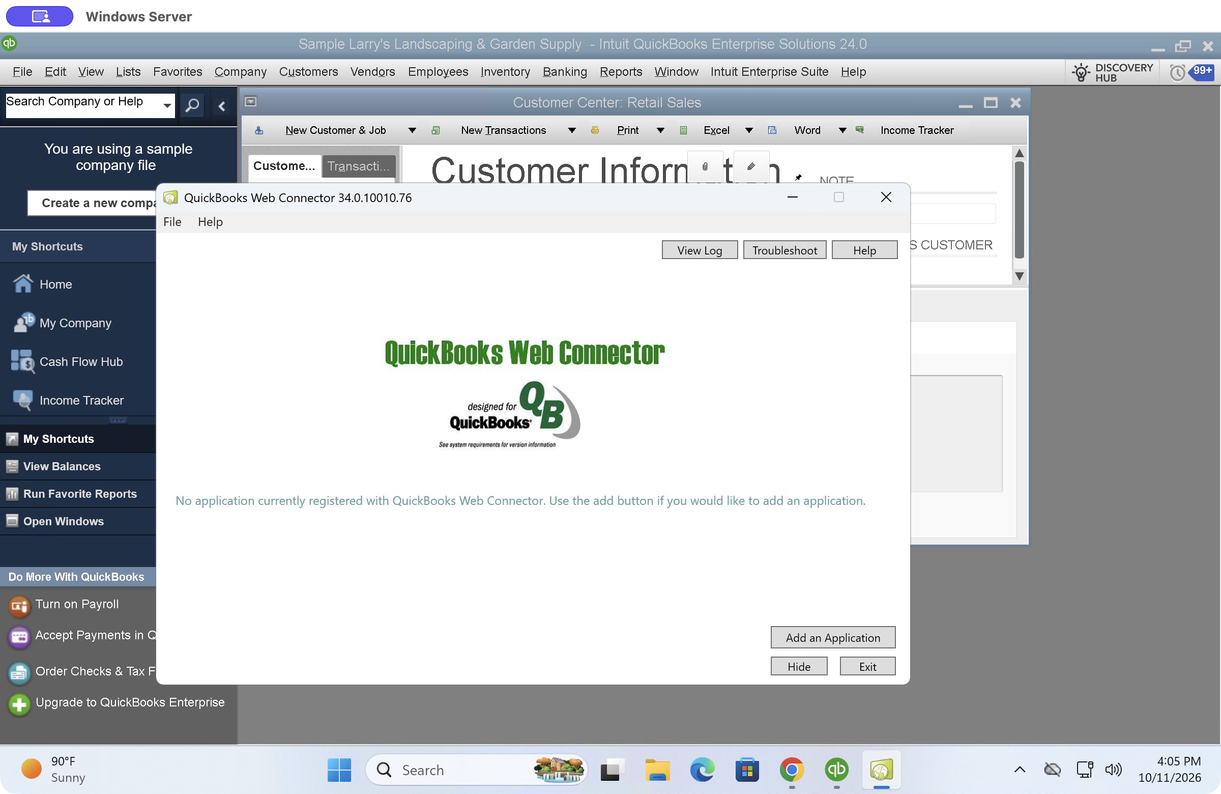 QuickBooks Web Connector with an empty application list and the Add an Application button at the bottom right.