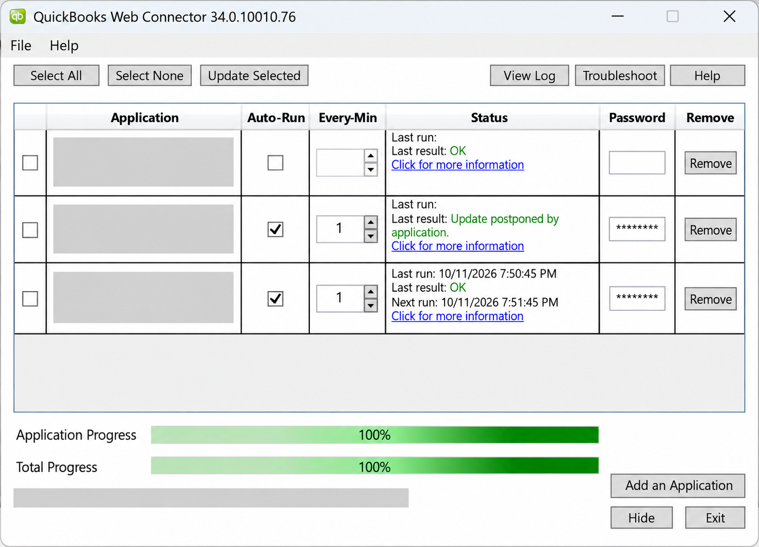 Web Connector with Auto-Run checked and Every-Min set to 1 in the bottom row; separate selection boxes appear at the far left.